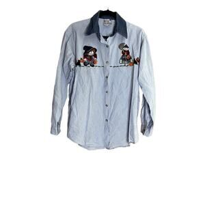 Vintage women's size medium shirt button down Halloween  lue white pinstripe